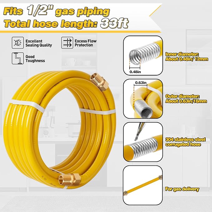 33Ft 1/2" CSST Gas Line, Flexible Stainless Steel Tubing Pipe | Anti-Cracking - Image 2
