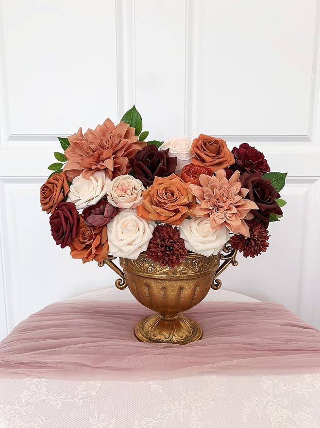 FACINOC Roses Artificial Flowers Orange Bouquet Fake Flower Dahlia Box Set | - Image 6