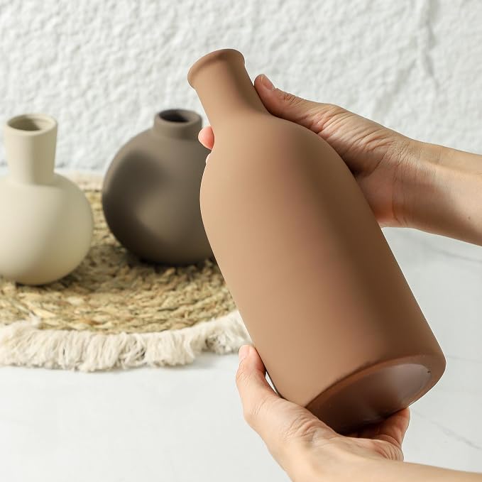 Vase Set of 3 | Ceramic Neutral Vases Home Decor | Rustic Flower Pottery Vases - Image 3