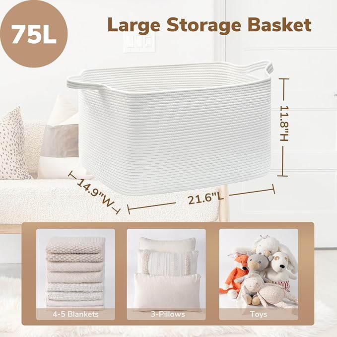 Goodpick Large Woven Rope Blanket Basket, 75L | 21.6'' x 14.9'' x 11.8'' - Image 3