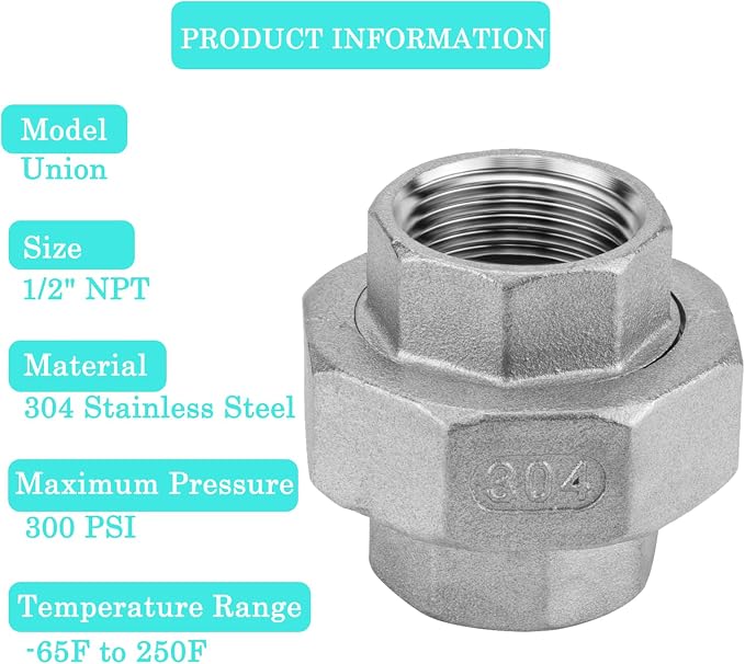 2Pcs 304 Stainless Steel Pipe Union Fitting, 1/2" NPT Female, Cast Full Port - Image 4