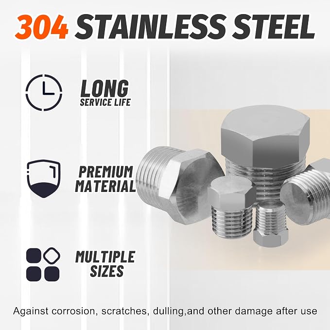 20PCS Stainless Steel Pipe Hex Head Plugs, 1/8" 1/4" 3/8" 1/2" 3/4" | 304 - Image 3