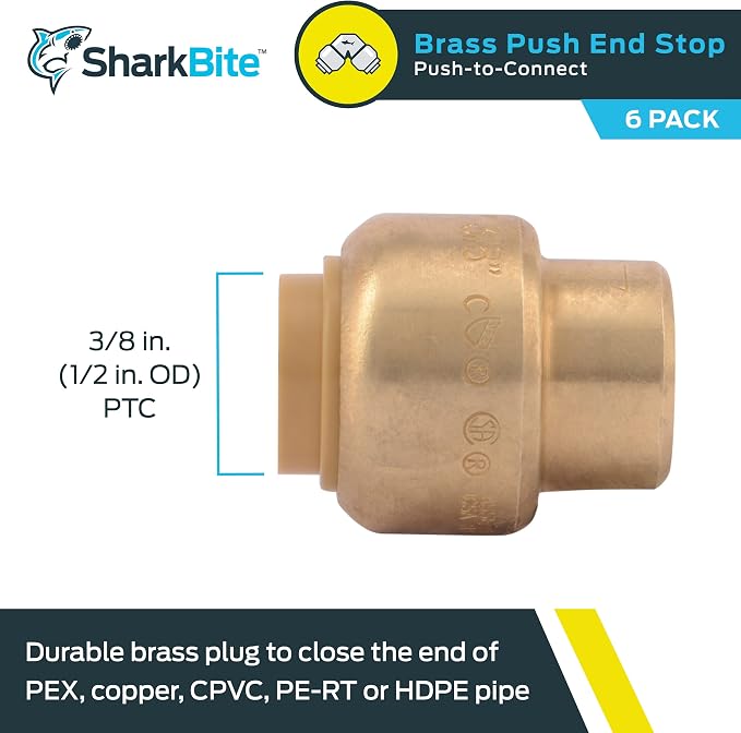SharkBite 3/8 Inch Push Cap, Push to Connect Brass Plumbing Fitting, PEX Pipe - Image 2