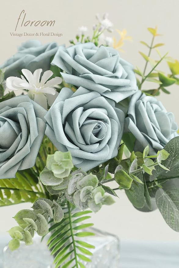 Artificial Flowers 25pcs Real Looking Dusty Blue Foam Fake Roses - Image 3