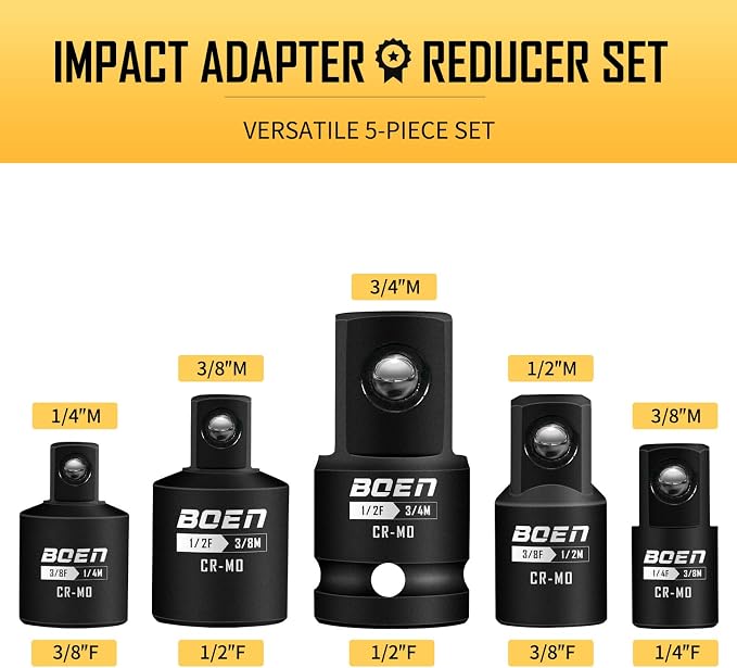 BOEN 5 Piece Impact Socket Adapter Set and Reducer Set, Standard SAE, 1/2" - Image 2