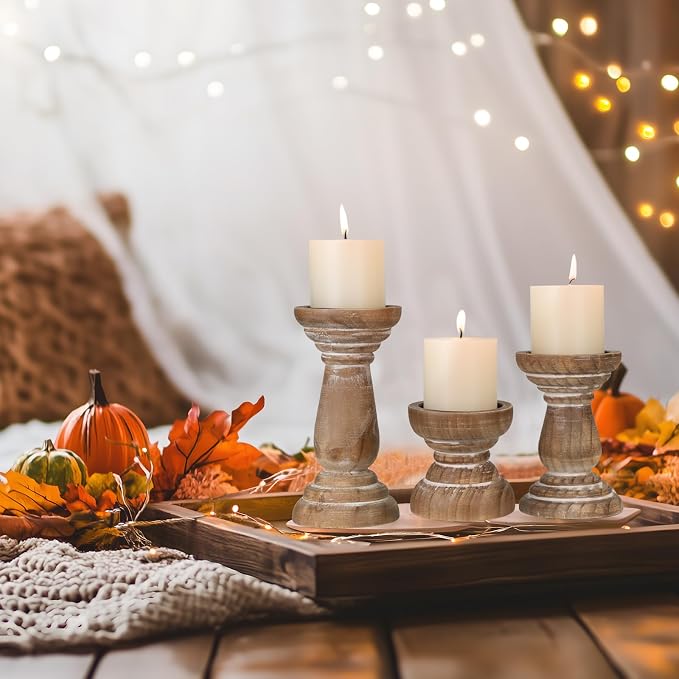 Candle Holder for Pillar Candle Set of 3, Farmhouse Wood Candle Holder - Image 5