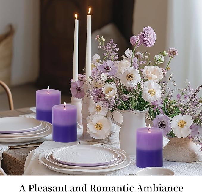KONNI Layered Pillar Candles Set of 3, 2.8"x 4" Table Decor Purple | - Image 3