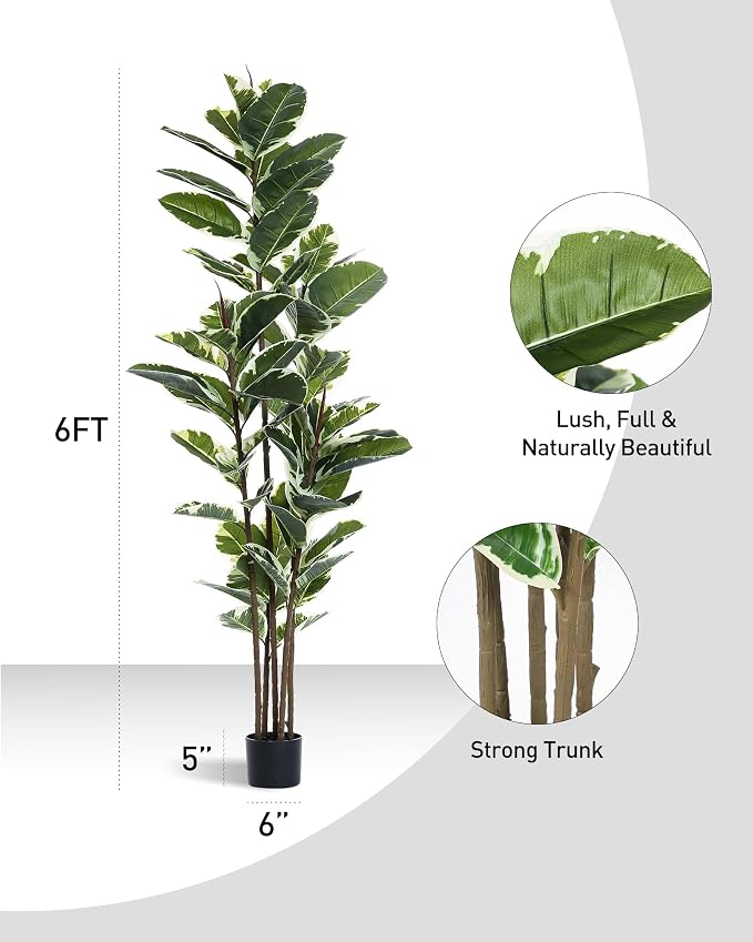 FLOWORLD Artificial Rubber Tree Plant 6ft Tall Faux Ficus Tree Potted Fake - Image 6