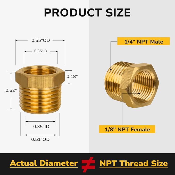 NPT Reducer, 1/4" NPT Male × 1/8" NPT Female, Brass Hex Bushing, Brass Pipe - Image 2