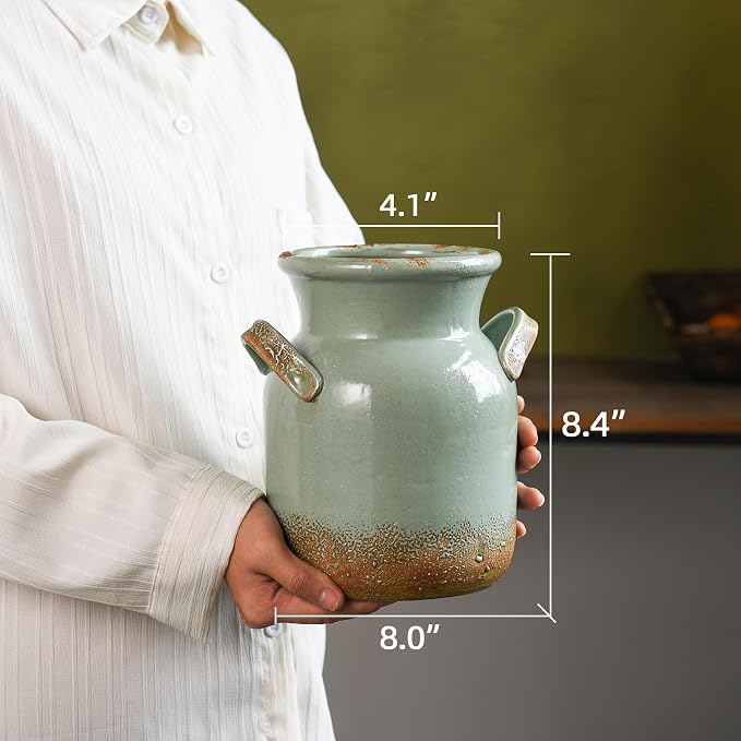Quoowiit Ceramic Rustic Farmhouse Vase, Distressed Decorative Flower Vases - Image 5