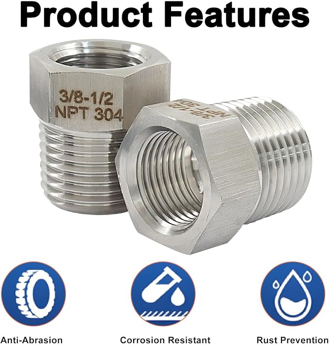 1/2" Male NPT to 3/8" Female NPT Hex Bushing Reducer, 2 Pack | 304 Stainless - Image 4