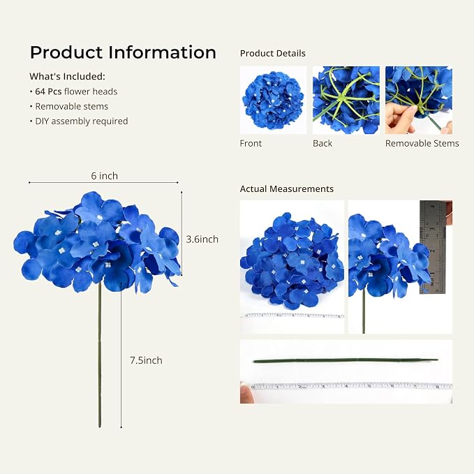 Auihiay 64Pcs Royal Blue Hydrangea Artificial Flowers, Silk Hydrangea Heads | - Image 3