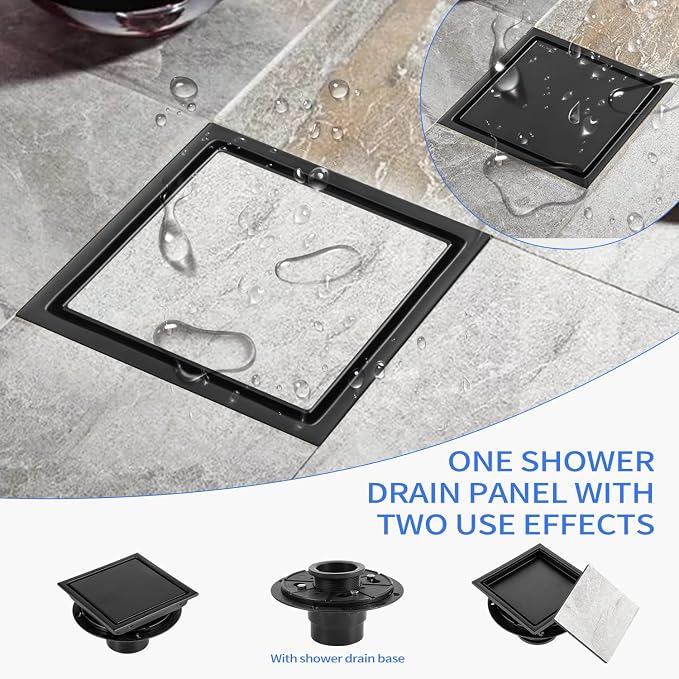 6 Inch Shower Drain Tile Insert Matte Black, Stainless Steel Square Floor Drain - Image 2