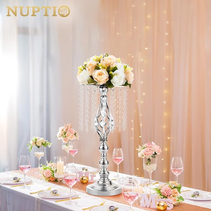 NUPTIO Silver Centerpiece for Wedding Table, 19.3" Tall, for Artificial Flower - Image 3