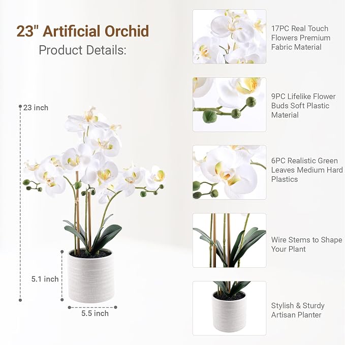 Fake Orchid Plant 23" Tall, Realistic Touch Leaves, Potted Phalaenopsis - Image 2