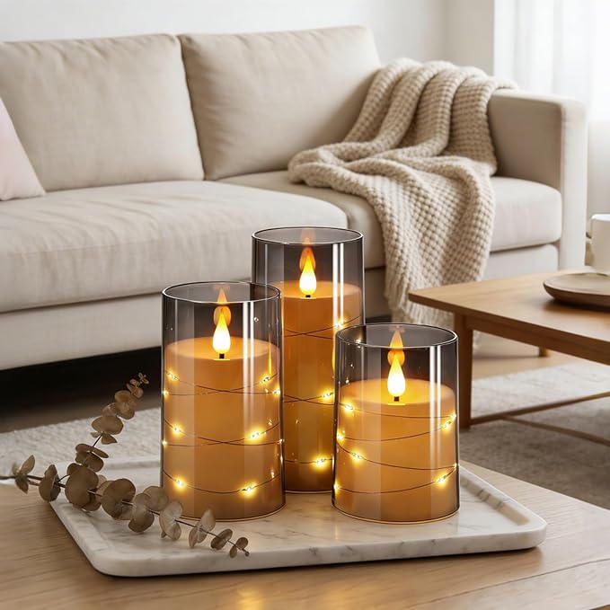 NURADA Flickering Flameless Candles: Built-in Star String Lights 3D Wick - Image 5