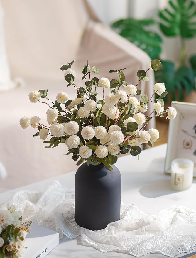 BLOSMON Fake Mum Flowers in Vase, Faux Silk Pom Poms, Floral Arrangements - Image 5