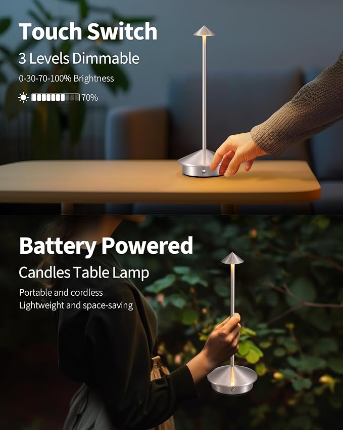 Modern Cordless Table Lamp Set of 2, Brushed Nickel LED Desk Lamps | 5000mAh - Image 4