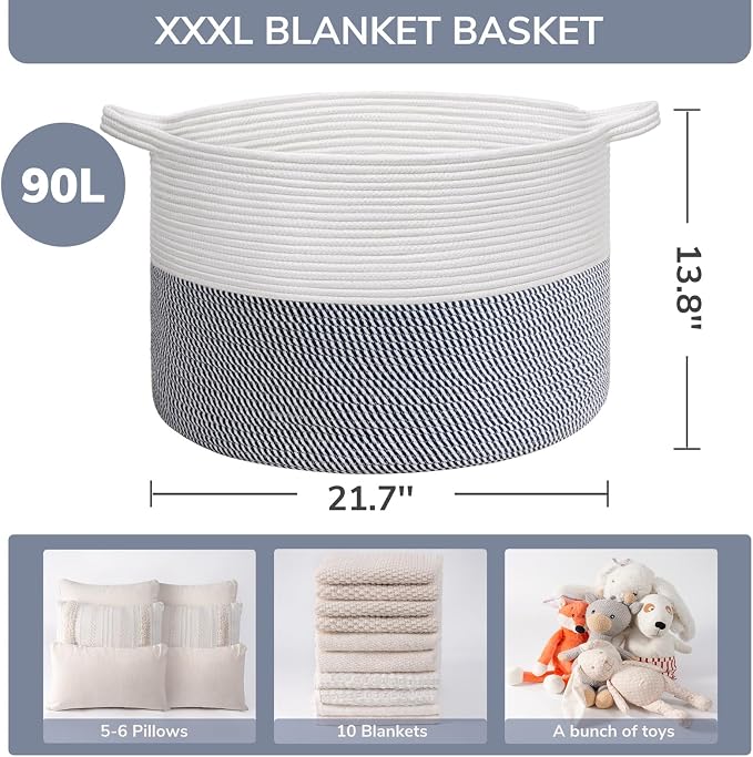 INDRESSME XXXLarge Woven Rope Blanket Basket Living Room Navy, 90L | 21.7" x - Image 3