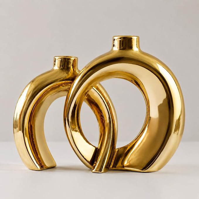 Set of 2 Gold Ceramic Vases for Home Decor Accents by Jonronboci