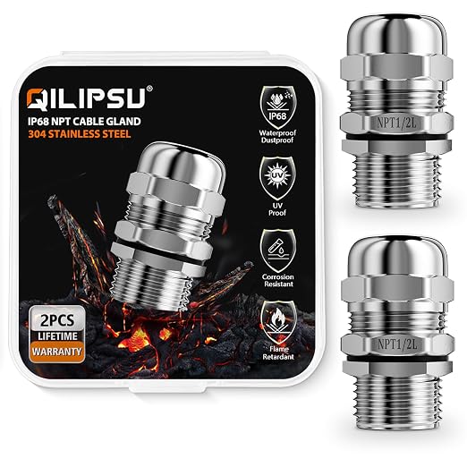 QILIPSU 2pcs 1/2" NPT 304 Stainless Steel Cable Gland Waterproof IP68 Metal by QILIPSU