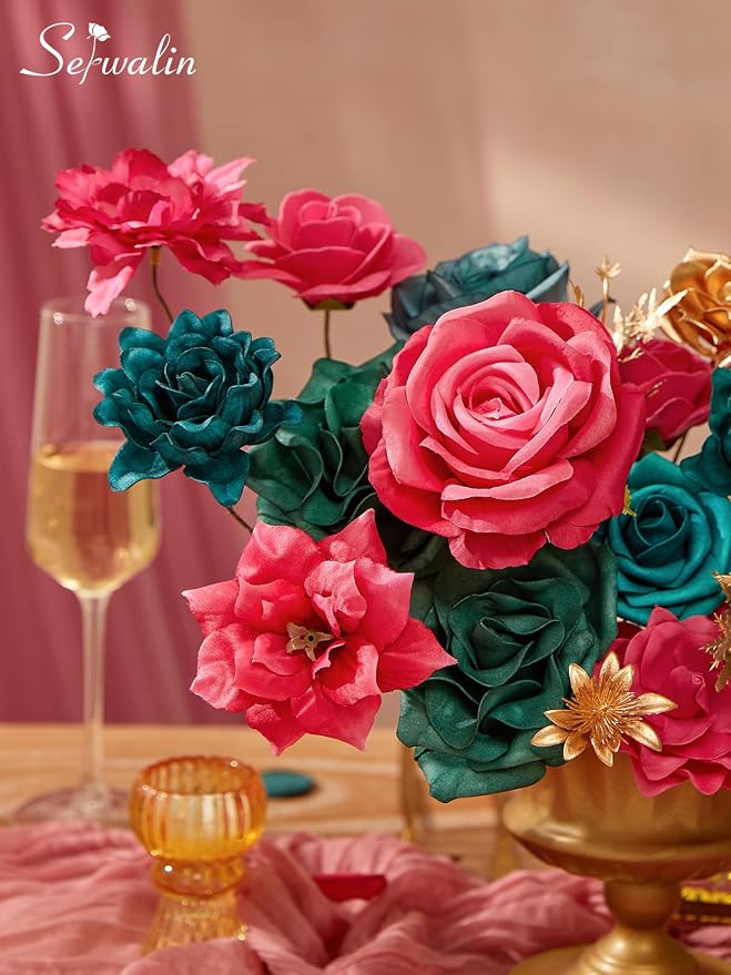 Serwalin Artificial Flowers Hot Pink & Teal Silk Flowers - Image 5