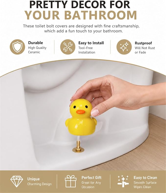 Yellow Duck Toilet Floor Bolt Caps, Ceramic Duck Toilet Bolt Covers - Image 2