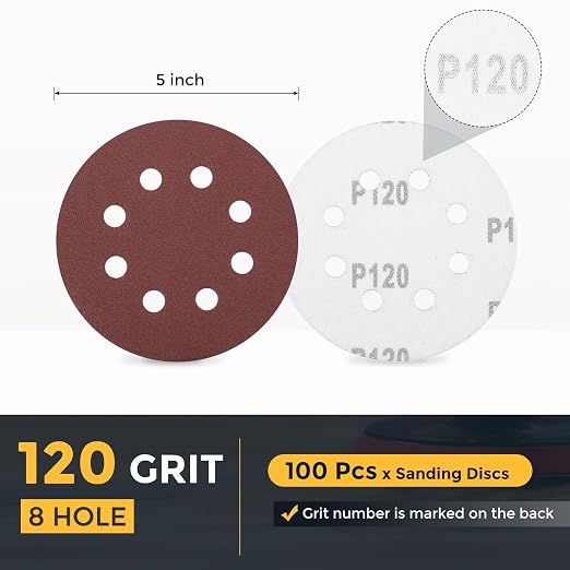 HARFINGTON 100 Pcs 5 Inch Sanding Discs 120 Grit Red Aluminum Oxide 8 Hole | - Image 2