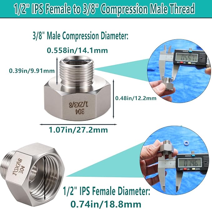 304 Stainless Steel Water Line Adapter （Lead-Free）, 1/2Female to 3/8 Male - Image 2