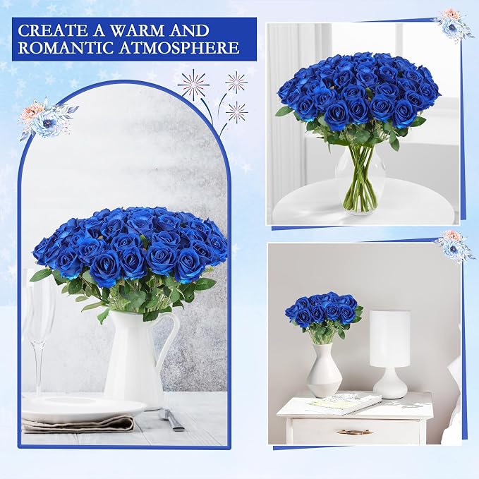 Hananona 50 Artificial Roses in Bulk, Fake Silk Roses Realistic Blue Roses - Image 4