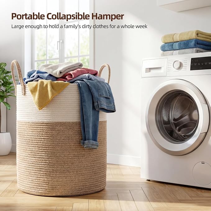 OIAHOMY Large Laundry Basket Hamper - 60L Cotton Rope Woven Basket - Image 3