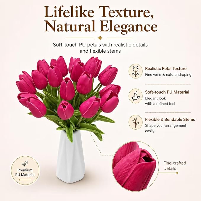 Mandy's 20pcs Artificial Hot Pink Tulips | 13.5 Inch Lifelike PU Tulips Faux - Image 2
