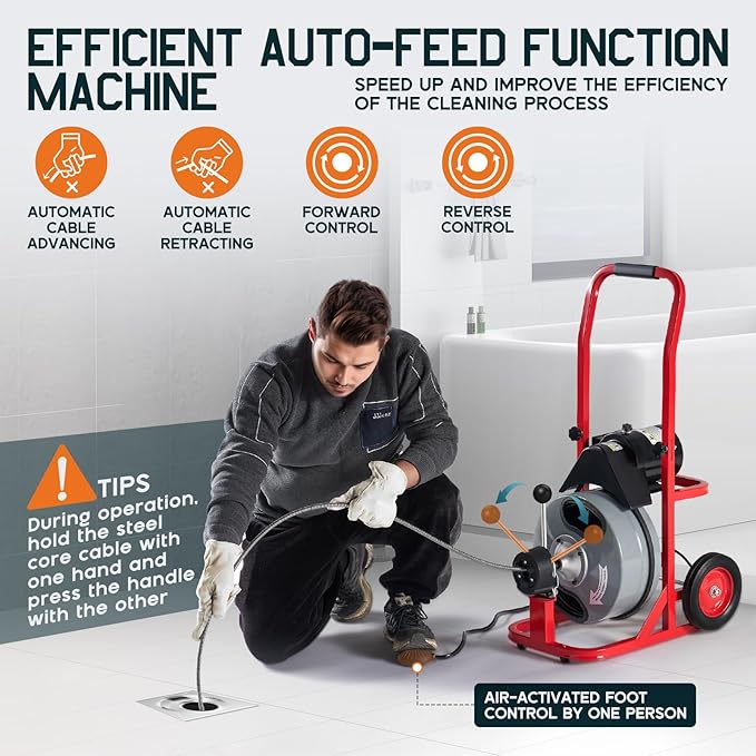 Albott 75 FT x 3/8 Inch Electric Drain Cleaner Machine | Auto-Feed Sewer Snake - Image 5