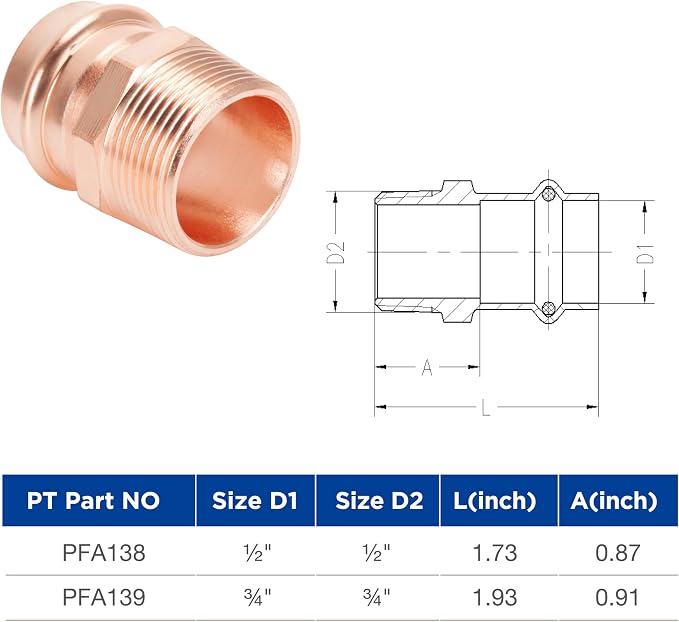 Copper Press Fittings 1/2 inch Male Adapter x 1/2 inch Press 10 Pack - Image 3