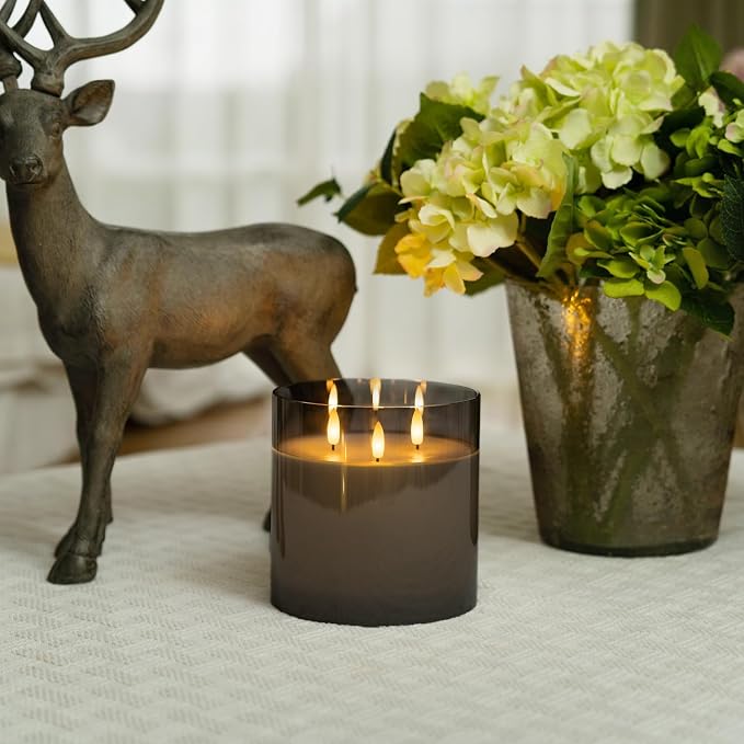 Homemory Grey Large Glass Flameless LED Candle, 3 Wicks, Remote Timer | 6"x6" - Image 5