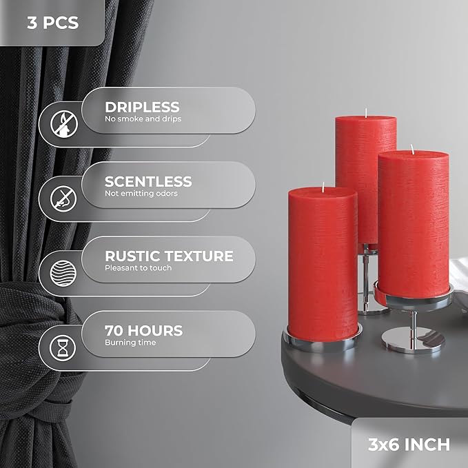 Large Pillar Candles 3x6 Inch – Set of 3 Unscented Dripless Red Candles - Image 2