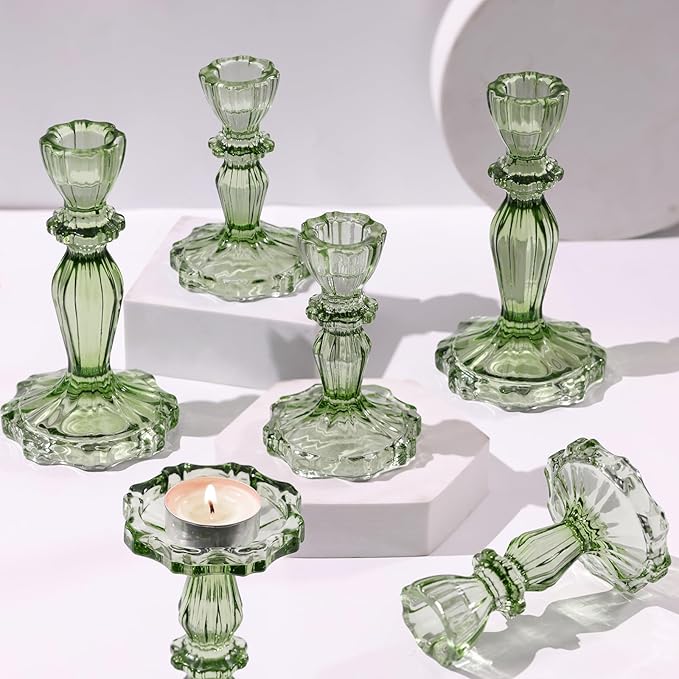 Green Candlestick Holders Set of 6, Glass Taper Candle Holders | 4.3" H & 6.3" H by Simeitol