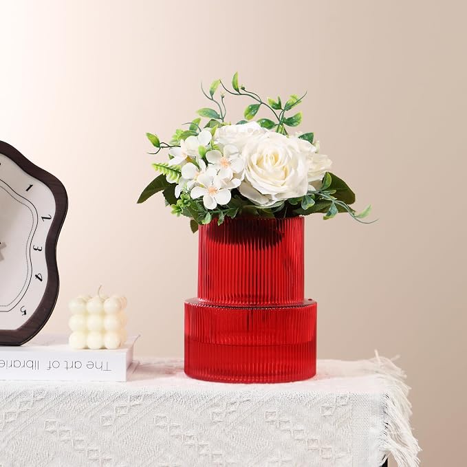 Ribbed Glass Vase, Flower Vase, Fluted Red Vases - Image 4