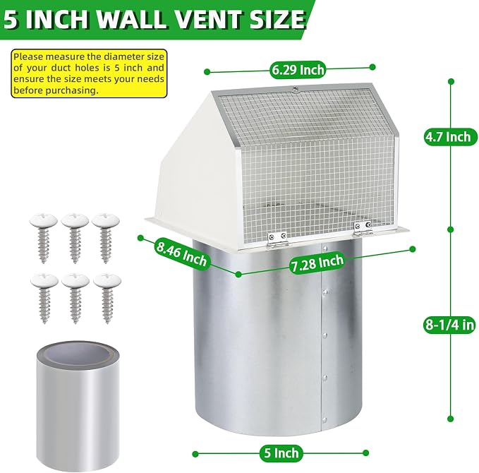 5 Inch Hooded Wall Vent with Screen and Damper, Dryer Vent Cover Outside - Image 2