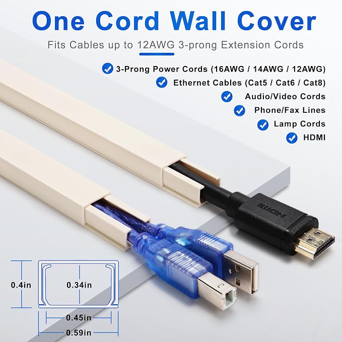 ZhiYo 68" Cord Hider for 1 Cable, Small Beige Wire Covers, 0.6" W x 0.4" H | - Image 2