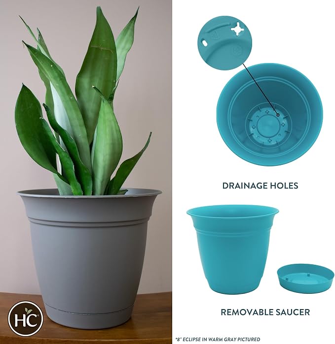The HC Companies Eclipse Round Planter Pot, 8 Inch, Attached Saucer, Drainage - Image 2