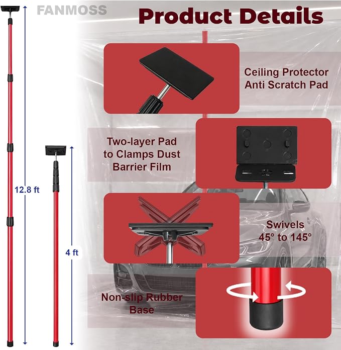 12.8FT Dust Barrier Poles Kit, Spring Retractable Isolation Support Poles - Image 3