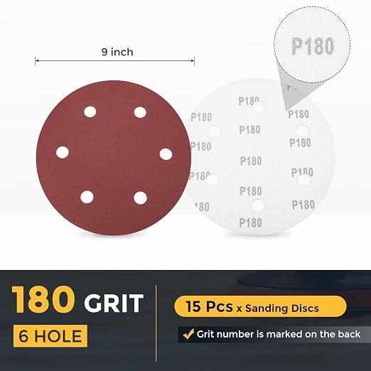 HARFINGTON 15 Pcs 9 Inch Sanding Discs 180 Grit Red Aluminum Oxide 6 Hole | - Image 2