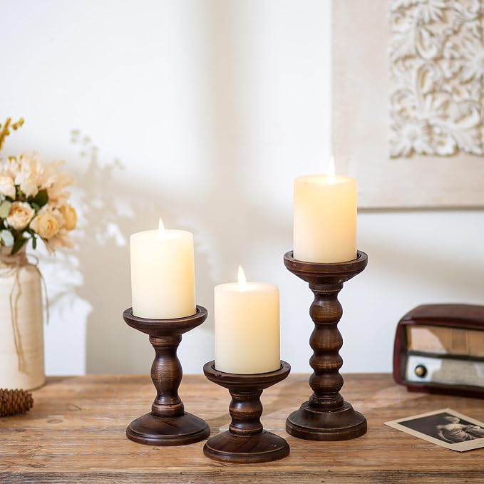 Romadedi Wood Candle Holders for Pillar, Dark Brown, Farmhouse Candle Stand - Image 4