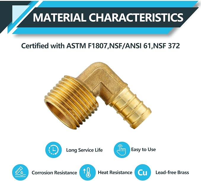 10Pack Seelink PEX Fittings, Pex 1/2" x 1/2" Male Threaded NPT Elbow | Brass - Image 3