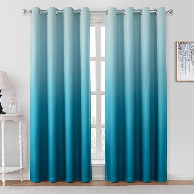 HOMEIDEAS Turquoise Ombre 100% Blackout 52W x 96L 2 Panels | Gradient, Room by HOMEIDEAS