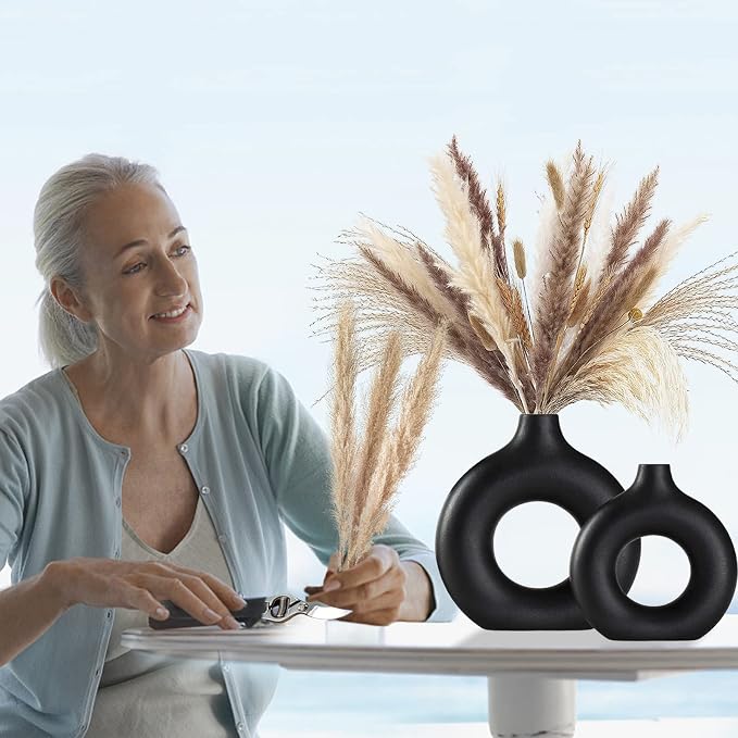 Black Ceramic Vase Set of 2 for Modern Boho Decor, Round Matte Pampas Flower - Image 2