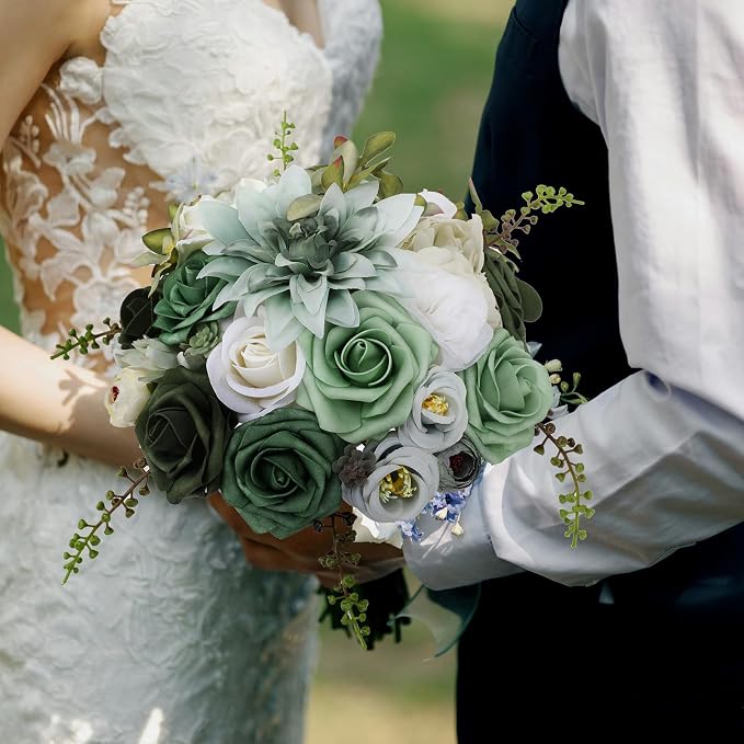 Artificial Flowers Combo Green Flowers Mix Silk Flowers Dahlia Roses - Image 5
