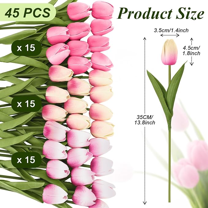 Janinka 45pcs Artificial Tulip Flowers Fake PU Tulips Faux Latex Bouquet Flower - Image 2