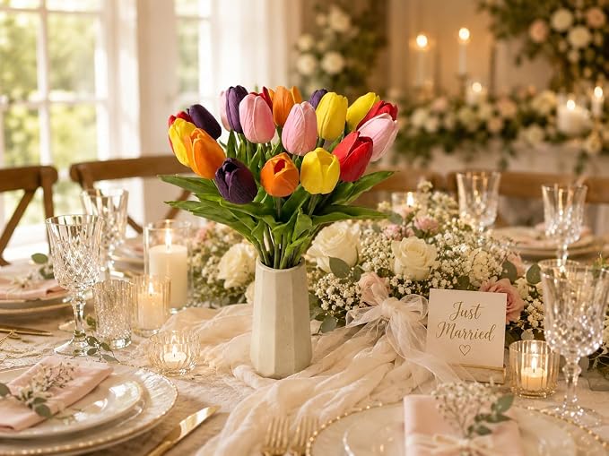 Mandy's 20pcs Artificial Multicolor Tulips | 13.5 Inch Lifelike PU Tulips Faux - Image 8
